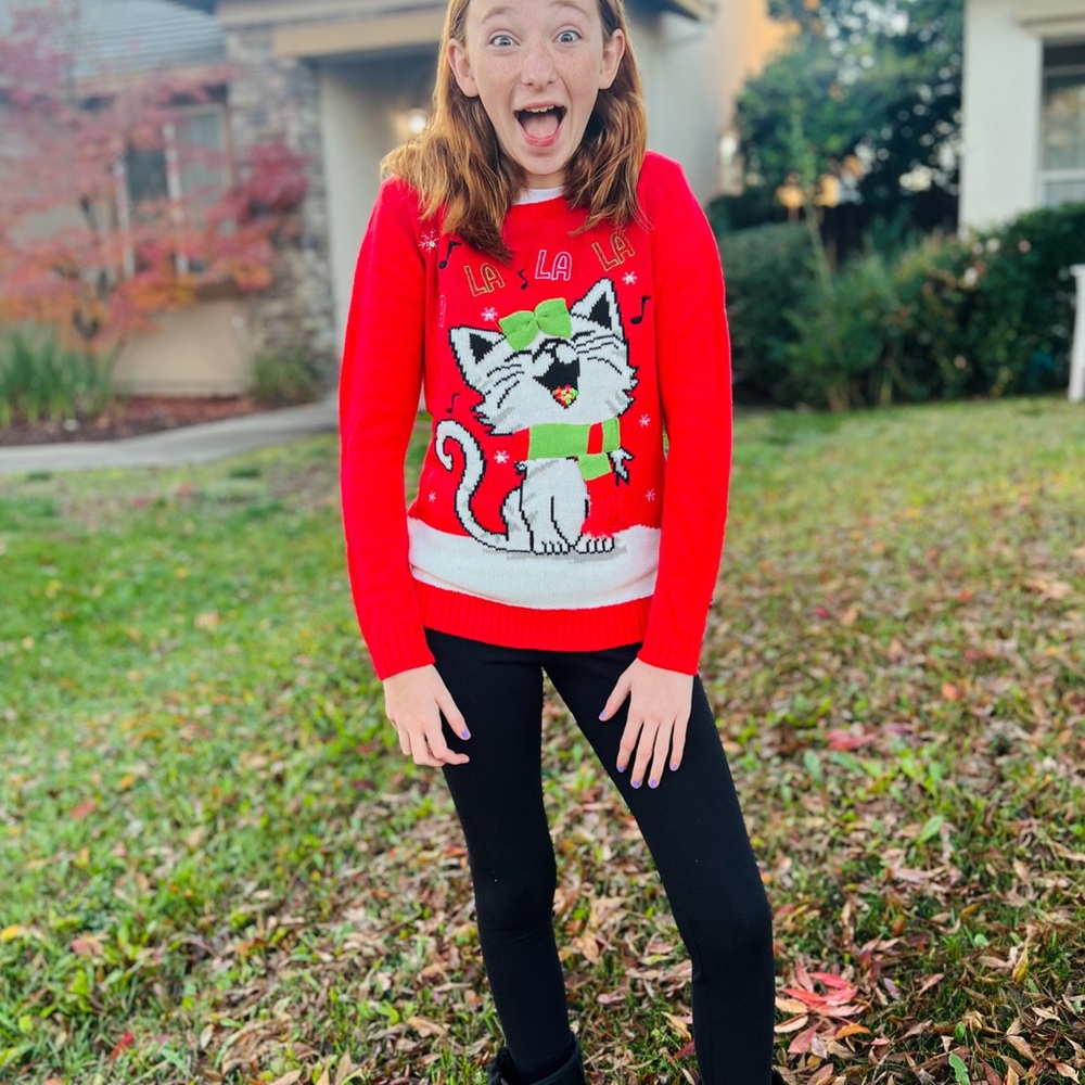 Girls/Tween/Teen Red Cat “Ugly”Christmas Sweater